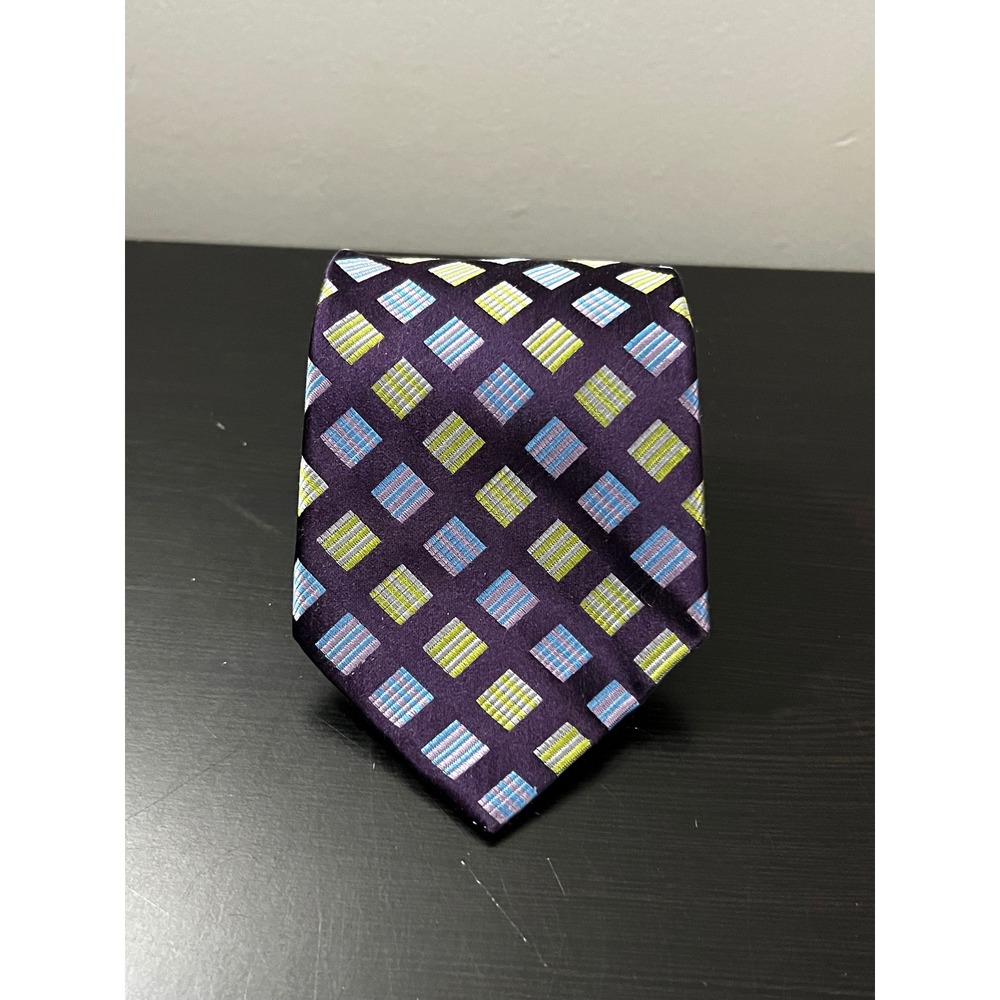 Italianissimo Mens Silk Tie Purple Geometric Square Pattern Plum Lime Blue 57in